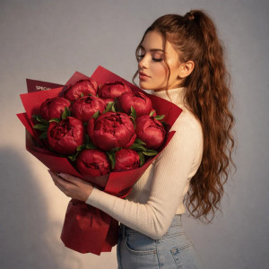 11 красных пионов с упаковкой